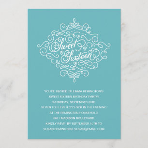Turquoise Flourish Sweet Sixteen Birthday Party Kaart