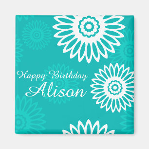 Turquoise flowers Happy Birthday Name Magnet Magneet