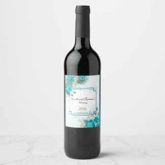 Turquoise Flowers Wine Label for Wedding Wijn Etiket