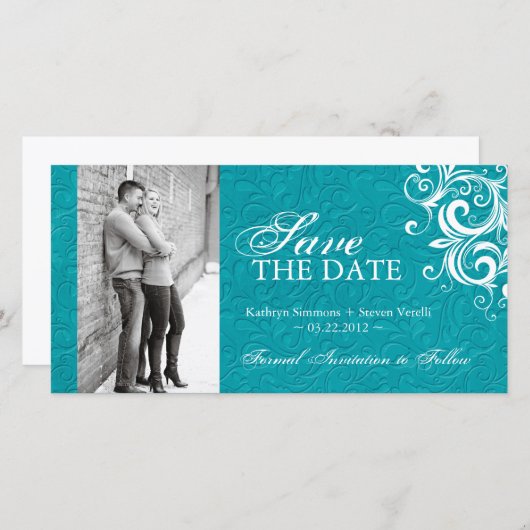 Turquoise foto Opslaan van de datum uitnodiging (Voorkant / Achterkant)
