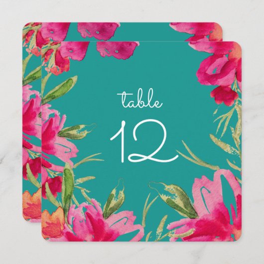Turquoise Fuchsia Floral Table Number Kaarten (Voorkant / Achterkant)