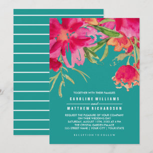 Turquoise Fuchsia Floral Waterverf Wedding Kaart