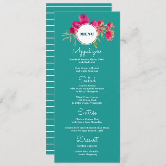 Turquoise Fuchsia Floral Wedding Menu Kaarten (Voorkant / Achterkant)