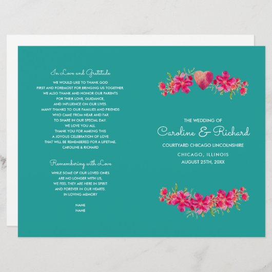 Turquoise Fuchsia Floral Wedding Programmes (Devant / Derrière)