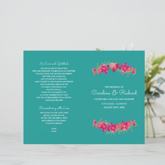 Turquoise Fuchsia Floral Wedding Programmes (Debout devant)