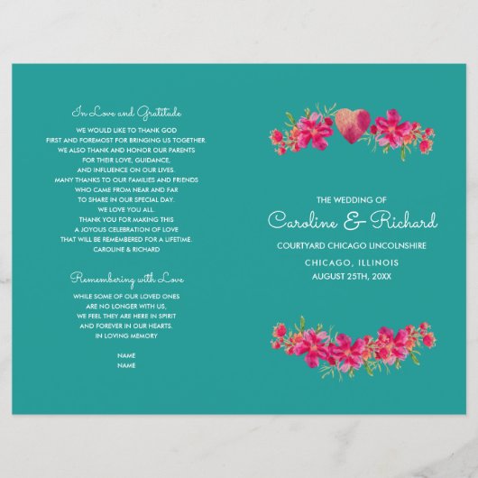 Turquoise Fuchsia Floral Wedding Programmes (Devant)