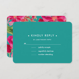 Turquoise Fuchsia Floral Wedding RSVP Kaarten