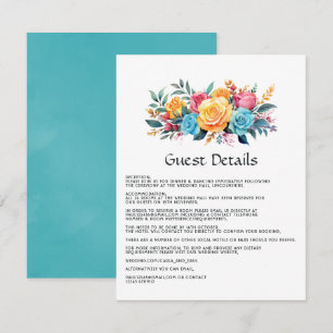Turquoise, Geel en Roze Bloemen Gast Details Informatiekaartje