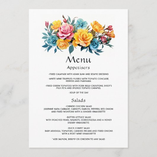 Turquoise, geel en roze bloemenbruiloft menu (Voorkant)