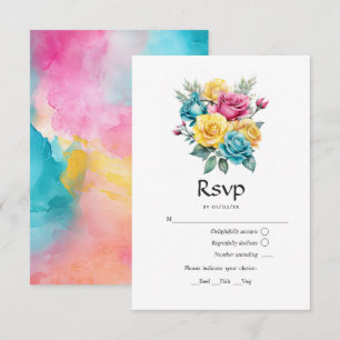 Turquoise, geel en roze bloemenbruiloft RSVP kaartje
