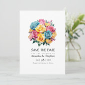 Turquoise, geel en roze bloemenbruiloft save the date (Staand voorkant)