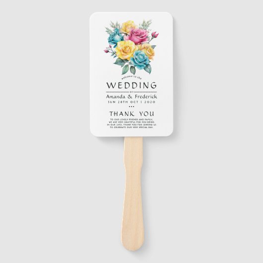 Turquoise, Gele en Roze Bloemige Trouwprogramma Handwaaier (Voorkant)