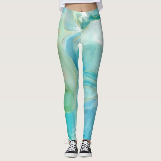 Turquoise Geometric Gemstone Waterverf Leggings (Voorkant)