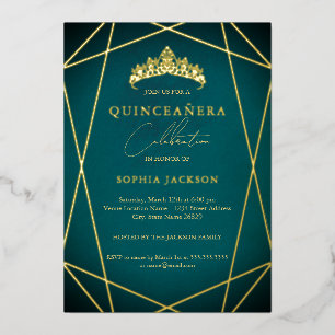 Turquoise Geometrische Gouden Elegante Quinceanera Folie Uitnodiging