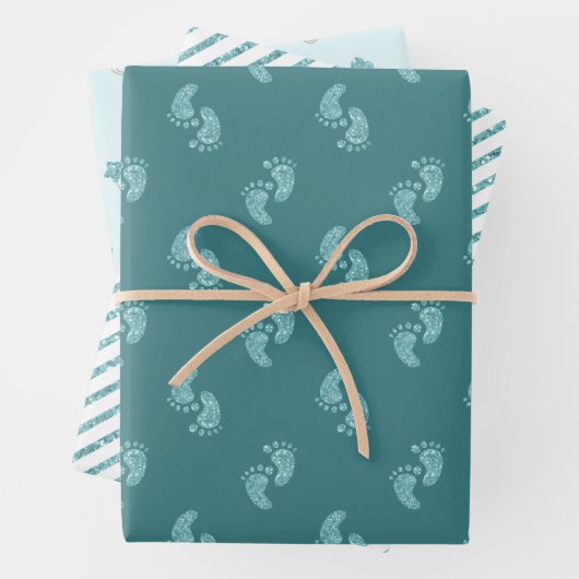 Turquoise Glitter Baby Voeten Wrapping Paper Sheet (In situ)