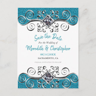 Turquoise Glitter Bling Wedding Save the Date Aankondigingskaart