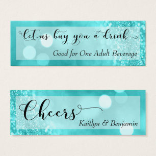 Turquoise Glitter Bokeh Script Mini Drink Ticket Visitekaartjes