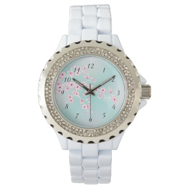 Turquoise Glitter Cherry Blossom Horloge (Voorkant)