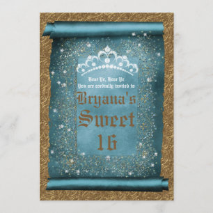 Turquoise Glitter & Gouden Diamanten Tiara Rol Fee Kaart