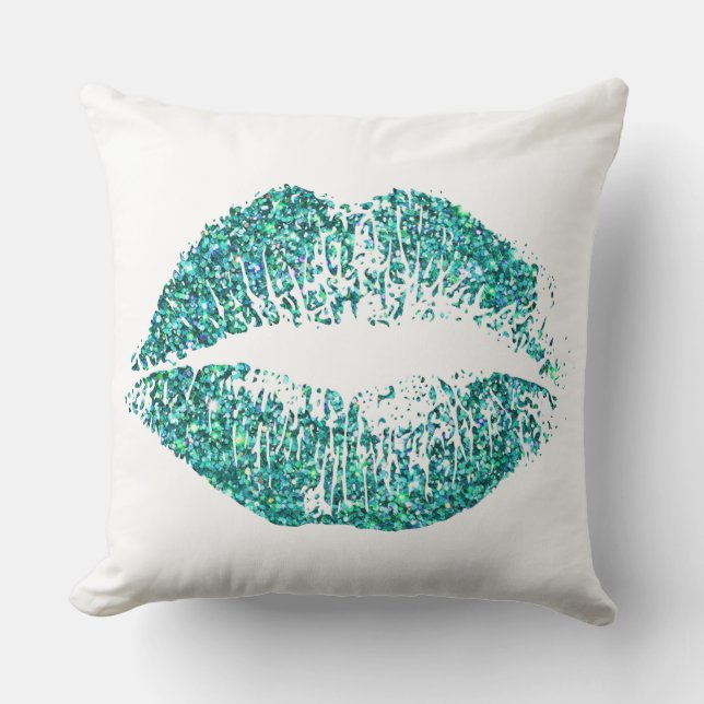 Turquoise Glitter Lips Kussen (Voorkant)