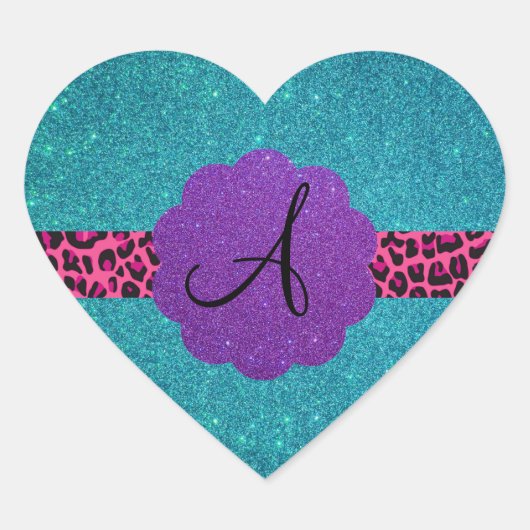 Turquoise glitter monogram hart sticker (Voorkant)