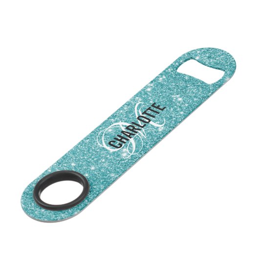 Turquoise glitter monogrammed naam speed flessenopener (Voorkant Gekanteld)