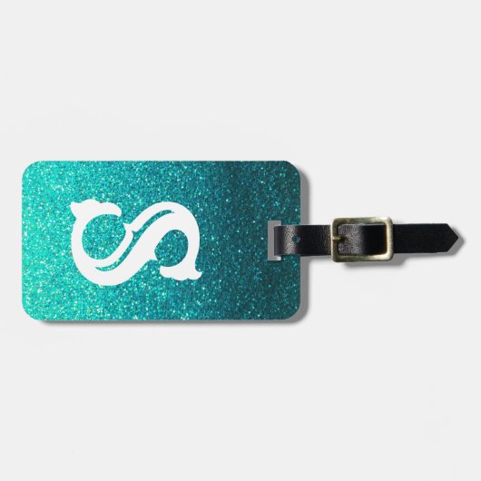 Turquoise Glitter Ombre Sparkles Glam Monogram Bagagelabel (Voorkant horizontaal)