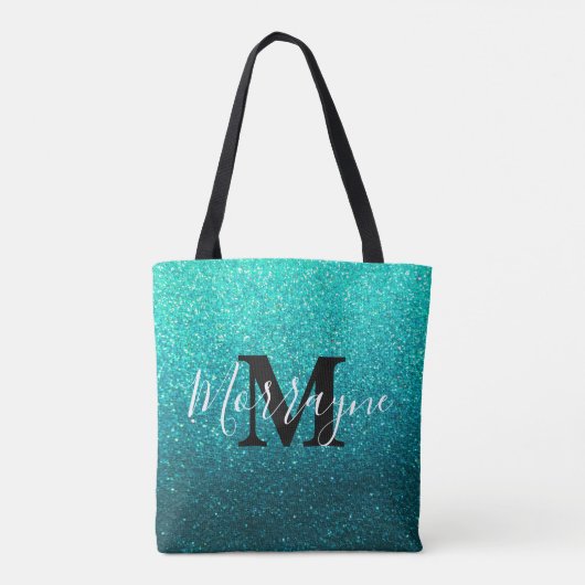 Turquoise Glitter Ombre Sparkles Metallic Monogram Draagtas (Achterkant)