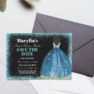 Turquoise Glitter Prinses Bash: Sweet Sixteen Save The Date