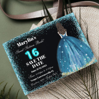 Turquoise Glitter Prinses Extravaganza Ballgown Save The Date