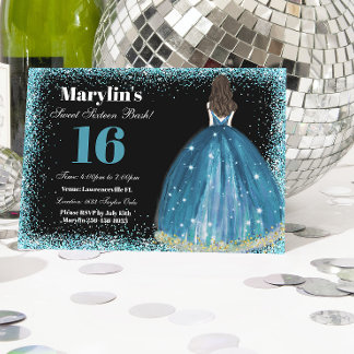 Turquoise Glitter Prinses Sweet 16 Ballgown Kaart