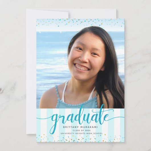 Turquoise glitter script foto afstuderen modern aankondiging (Voorkant)