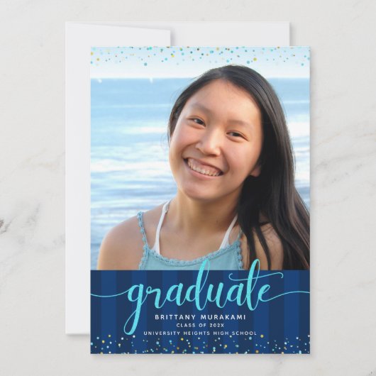 Turquoise glitter script foto afstuderen op marine aankondiging (Voorkant)