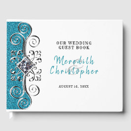 Turquoise Glitter Silver Bling Wedding Guest Book Gastenboek