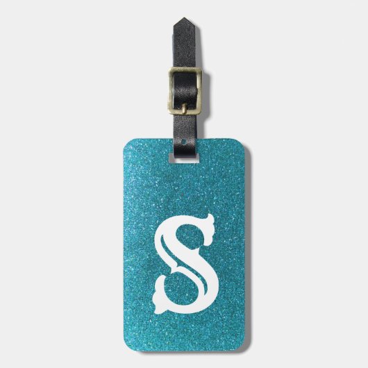 Turquoise Glitter Sparkles Travel Glam Monogram Bagagelabel (Voorkant verticaal)