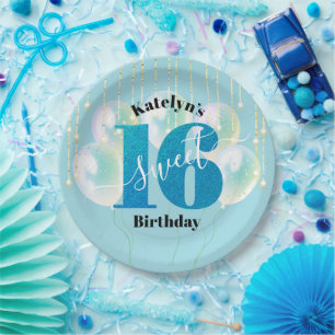 Turquoise Glitter Sweet 16 Verjaardag Ballon Scrip Papieren Bordje