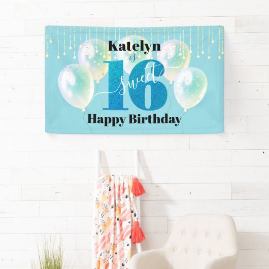 Turquoise Glitter Sweet 16 Verjaardag Ballon Scrip Spandoek (Insitu)