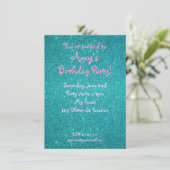 Turquoise glitter verjaardagsuitnodiging kaart (Staand voorkant)