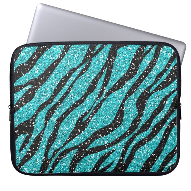 Turquoise Glitter Zebra Print Laptop Sleeve (Voorkant)