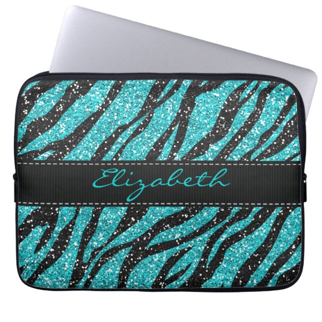 Turquoise Glitter Zebra Print Monogram Laptop Sleeve (Voorkant)