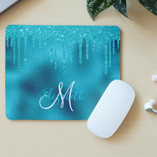 Turquoise Glitterdruppel Gepersonaliseerd Monogram Muismat