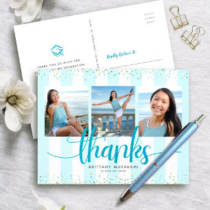 Turquoise glitters 3 foto afstudeer bedankt briefkaart