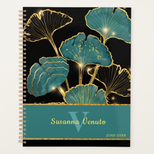 Turquoise Gold Black Ginkgo Leaf Art botanique (Devant)