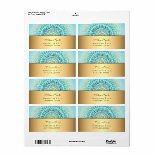 Turquoise Gold Boho Mandala Étiquette (Feuille entière)