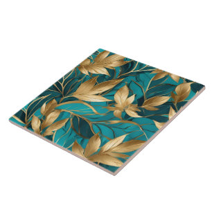 Turquoise Gold Boho Popular Leaves Collectie Tegeltje