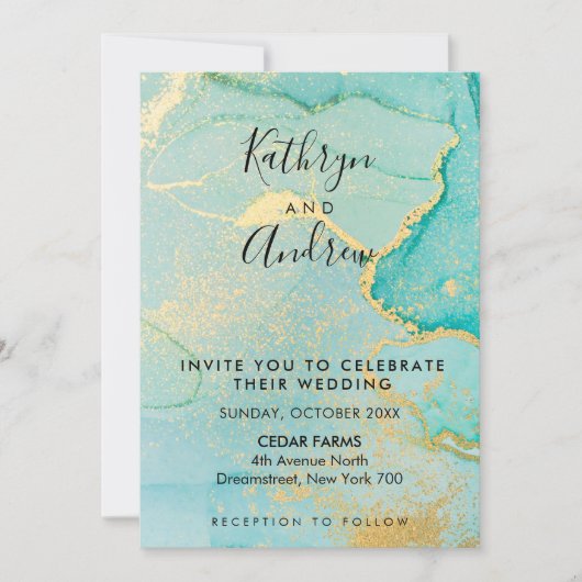 Turquoise Gold Calligraphy Invitation Kaart (Voorkant)