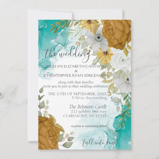 Turquoise & Gold Chic Elégant Mariage Invitation (Devant)