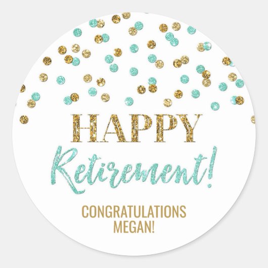 Turquoise Gold Confetti Happy Retirement Ronde Sticker (Voorkant)