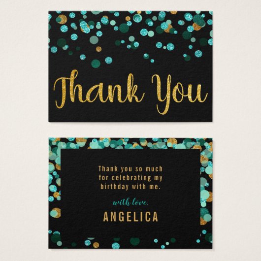 Turquoise Gold Confetti Noir Anniversaire Merci (Devant & derrière)
