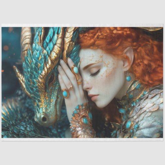 Turquoise & Gold Elf Dragon Fantasy Decoupage Tissuepapier (Voorkant)